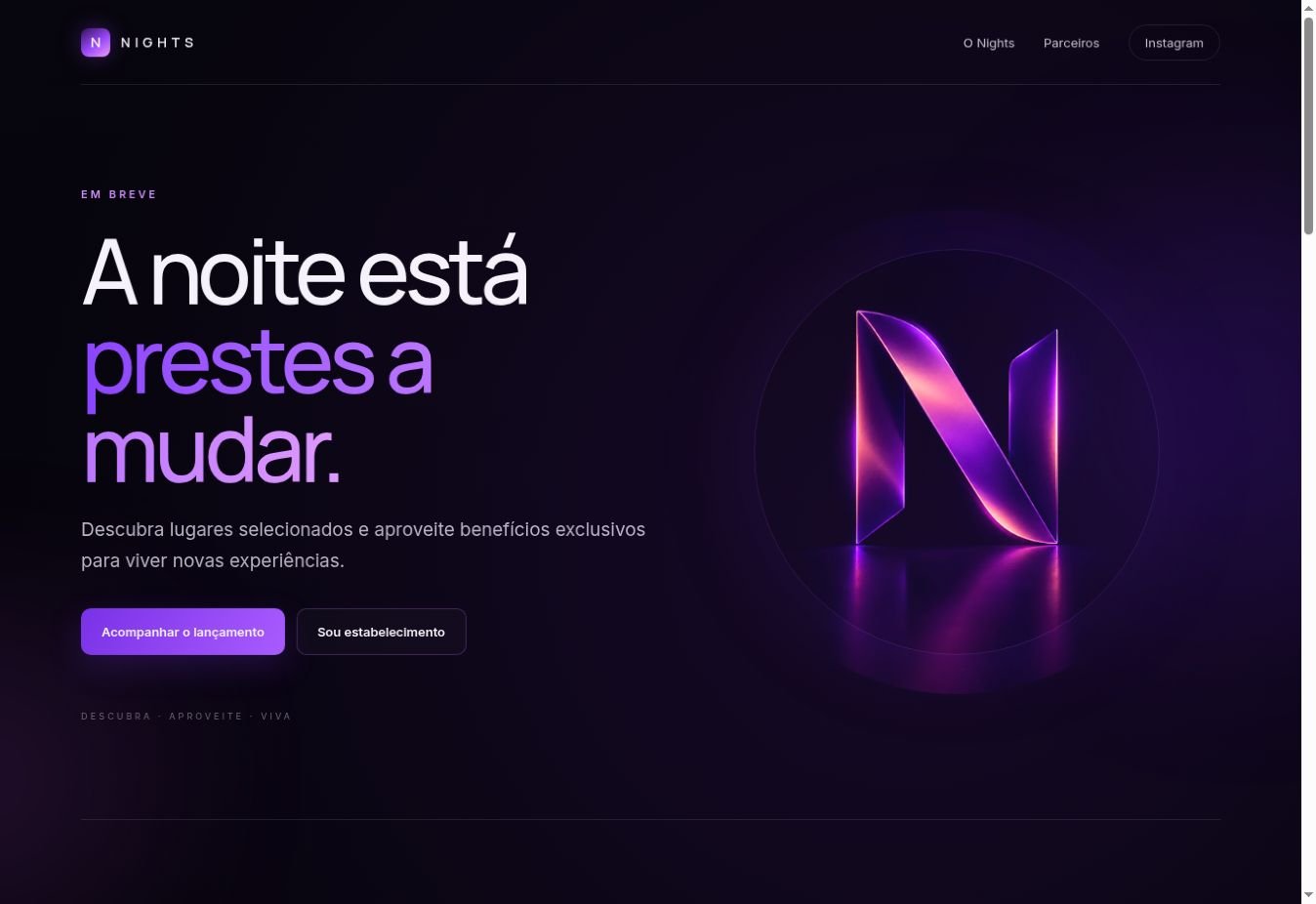 Captura real do site Nights, com identidade roxa e apresentação do projeto