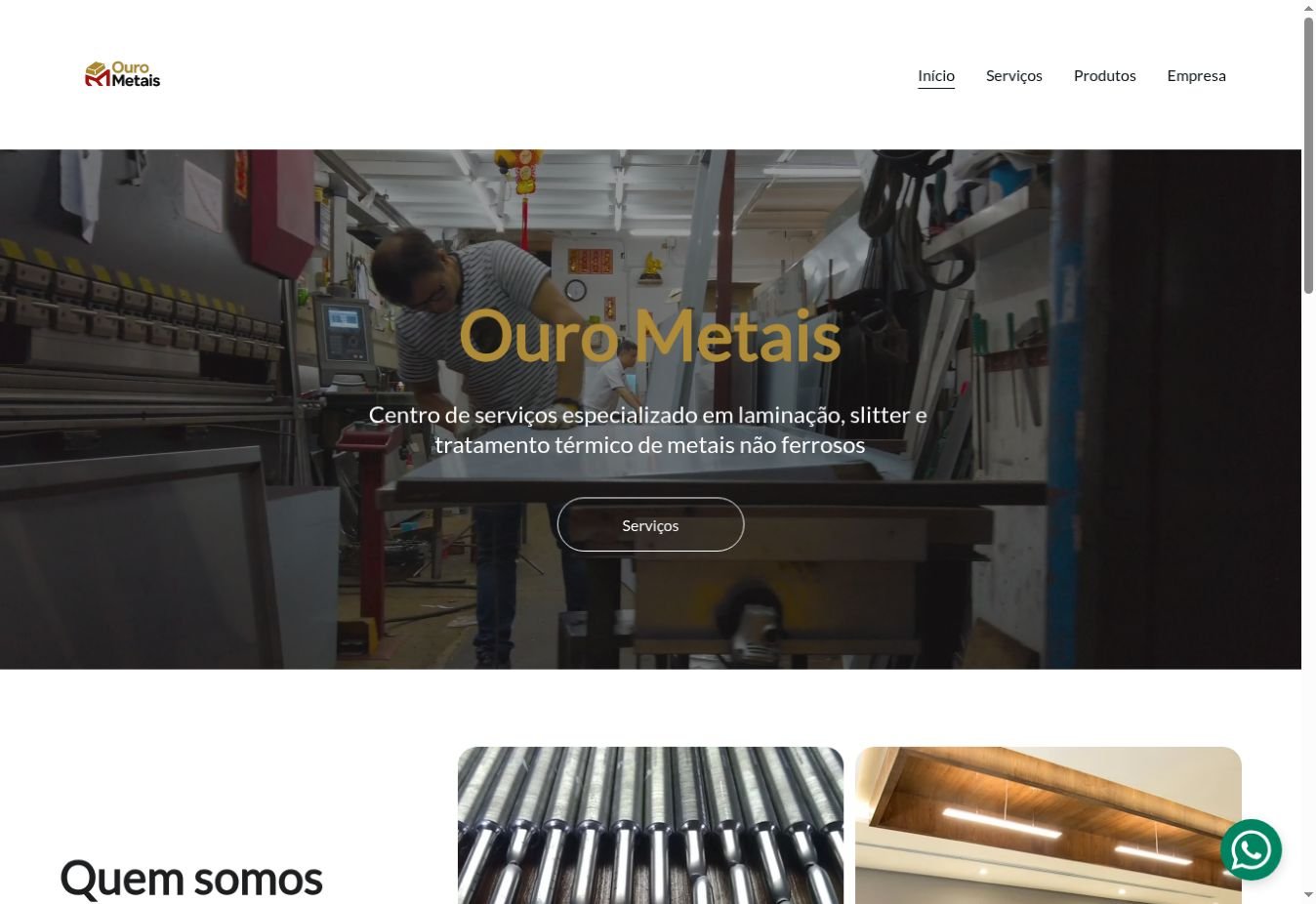 Print da página inicial da Ouro Metais, com apresentação dos serviços industriais